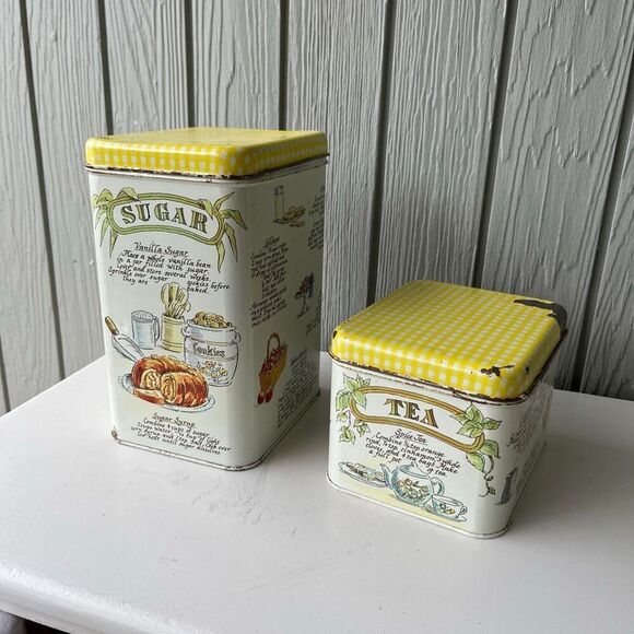 VTG 70s Sugar & Tea Tin Canister Set – Yellow Gingham Lids, Retro Farmhouse Kitc - Picture 8 of 8